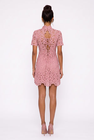 Full Lace Half-Neck Mini Dress Powder