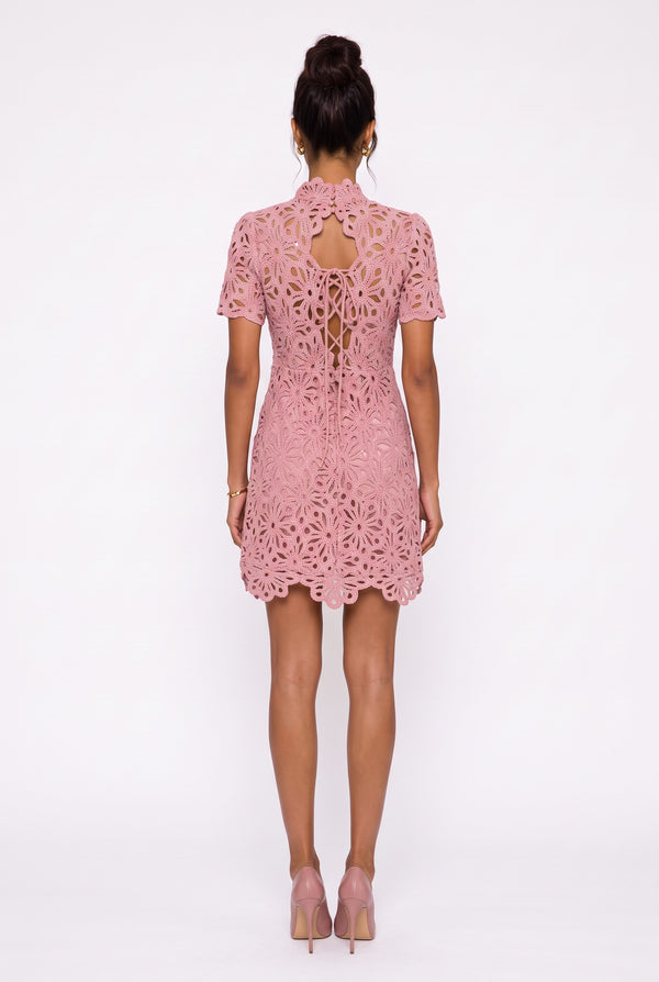 Full Lace Half-Neck Mini Dress Powder