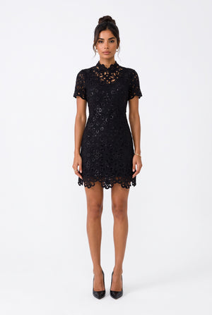 All-Lace Mock Neck Mini Dress Black