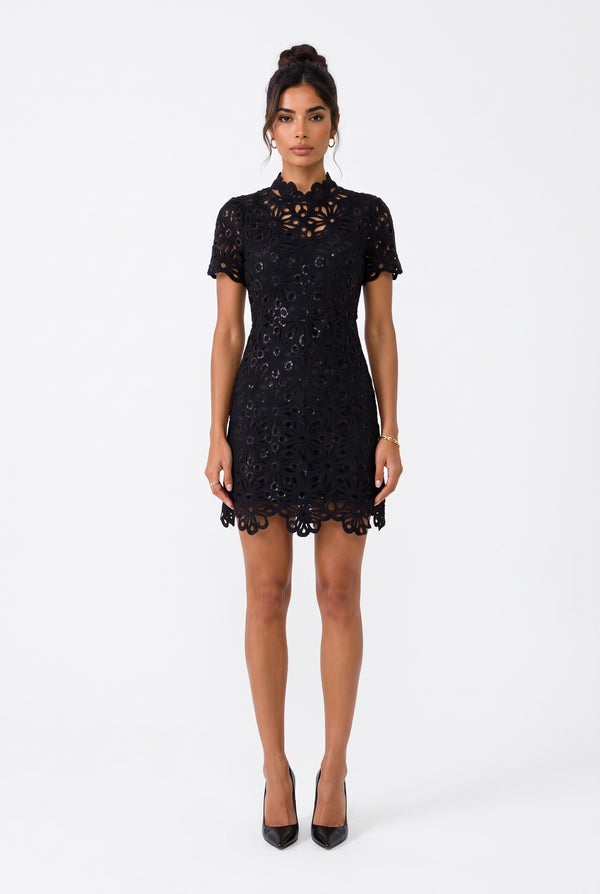 All-Lace Mock Neck Mini Dress Black