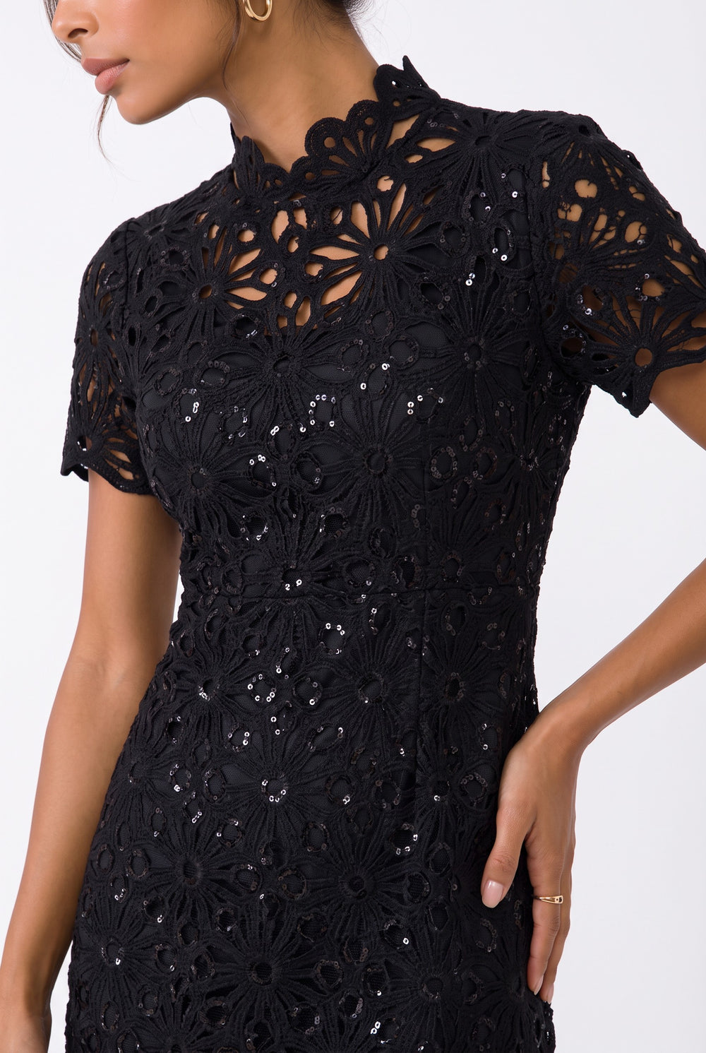 All-Lace Mock Neck Mini Dress Black