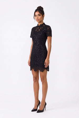 All-Lace Mock Neck Mini Dress Black