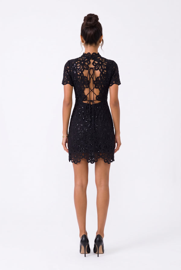 All-Lace Mock Neck Mini Dress Black