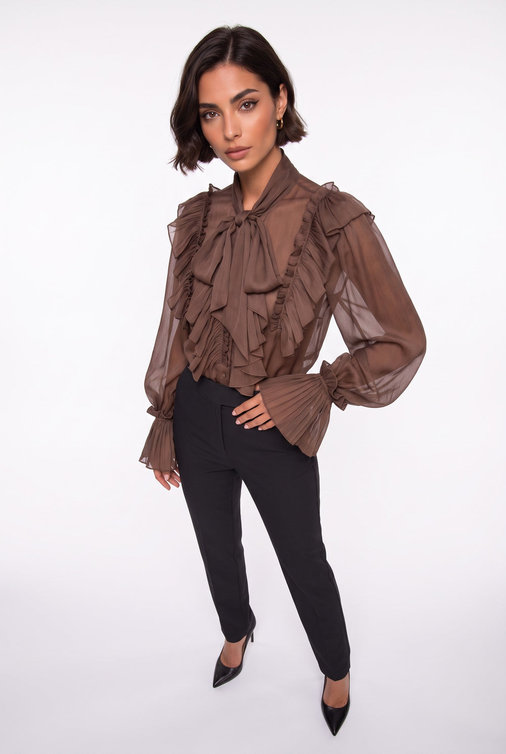 Scarf Collar Ruffled Satin Shirt Brown