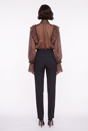 Scarf Collar Ruffled Satin Shirt Brown