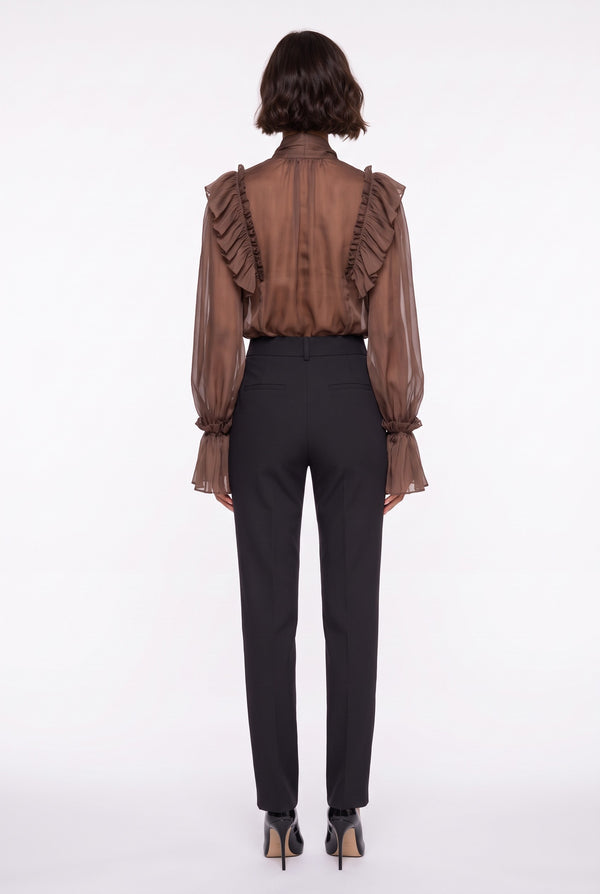 Scarf Collar Ruffled Satin Shirt Brown