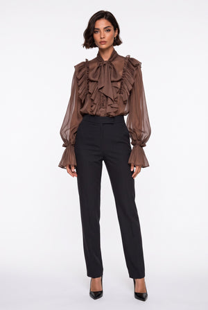 Scarf Collar Ruffled Satin Shirt Brown