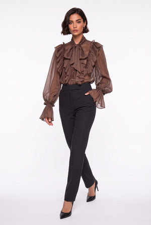 Scarf Collar Ruffled Satin Shirt Brown