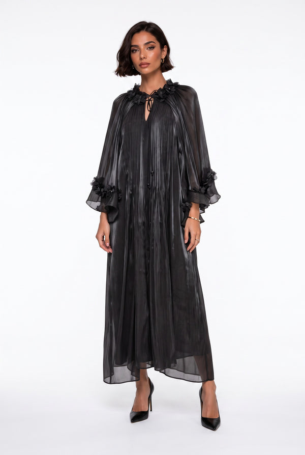 Ruffled Neck Detail Floral Embellished Evening Dress Black