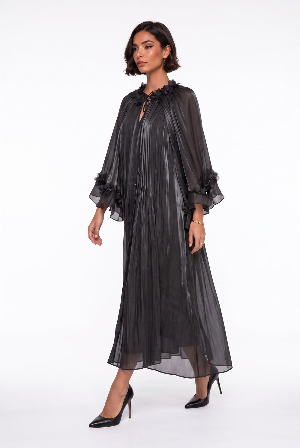 Ruffled Neck Detail Floral Embellished Evening Dress Black