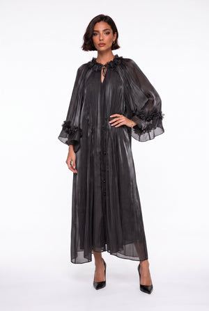 Ruffled Neck Detail Floral Embellished Evening Dress Black