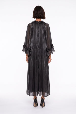 Ruffled Neck Detail Floral Embellished Evening Dress Black