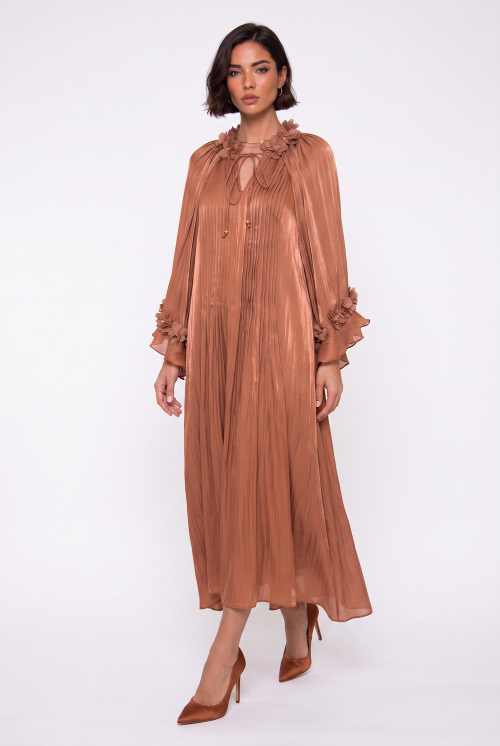 Ruched Neck Detail Floral Embellished Evening Dress Tan