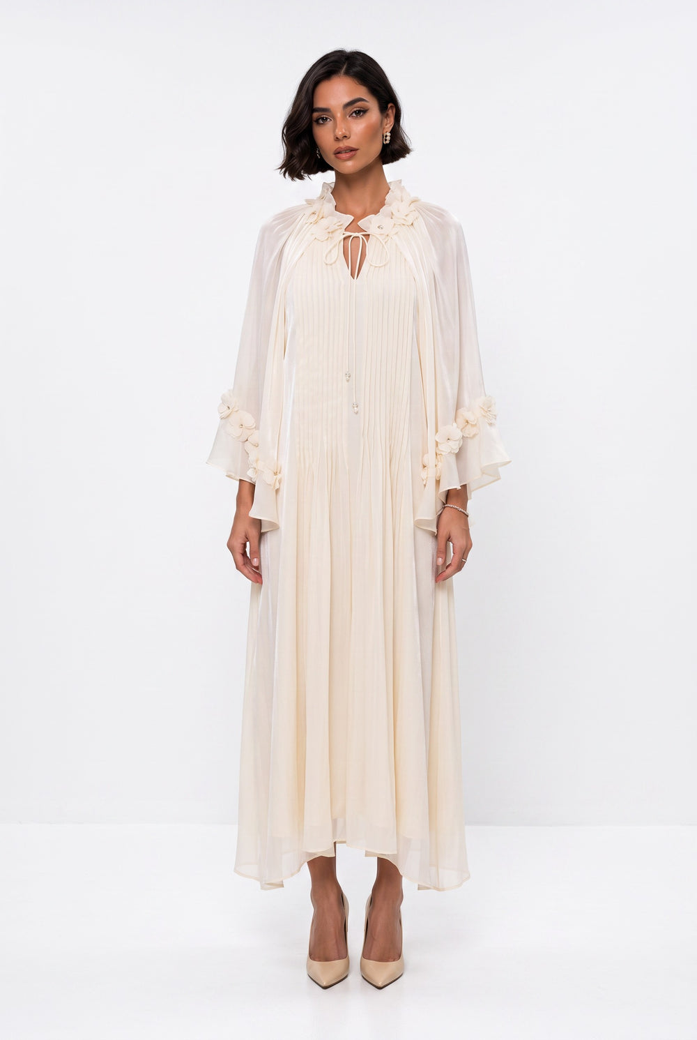 Ecru Evening Dress with Gathered Neckline and Floral Embellishments