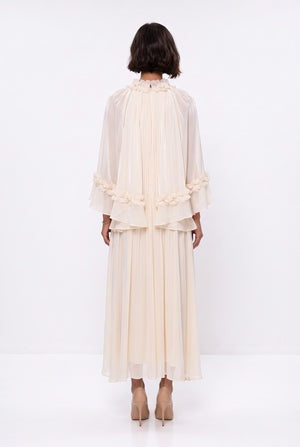 Ecru Evening Dress with Gathered Neckline and Floral Embellishments