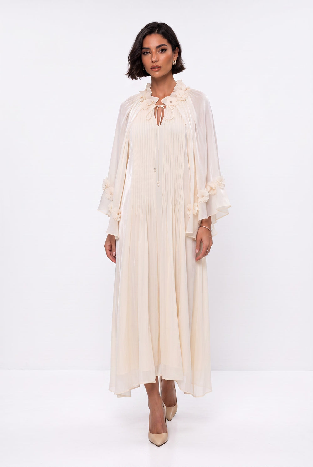 Ecru Evening Dress with Gathered Neckline and Floral Embellishments