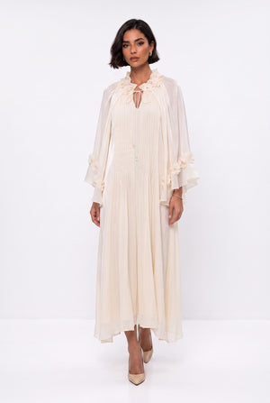 Ecru Evening Dress with Gathered Neckline and Floral Embellishments