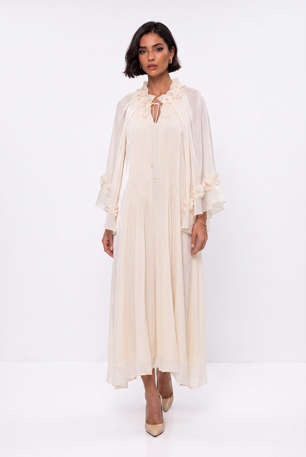 Ecru Evening Dress with Gathered Neckline and Floral Embellishments