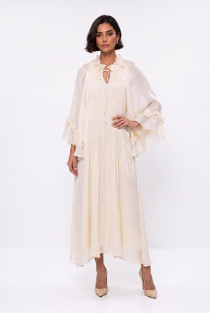 Ecru Evening Dress with Gathered Neckline and Floral Embellishments