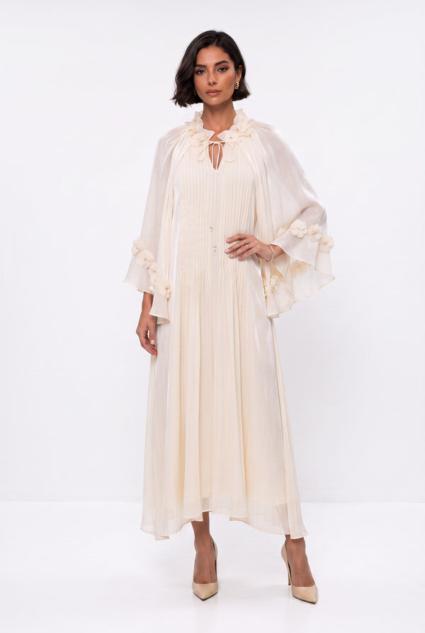 Ecru Evening Dress with Gathered Neckline and Floral Embellishments