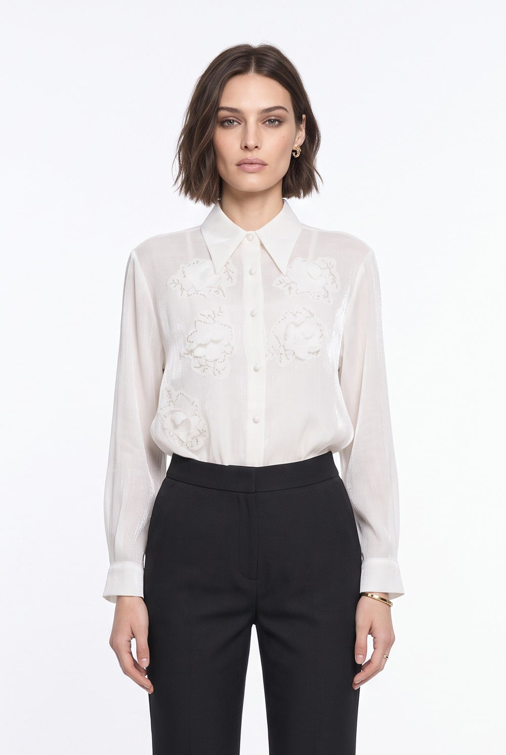 Classic Collar Embossed Floral and Embroidery Detailed Shirt Beige