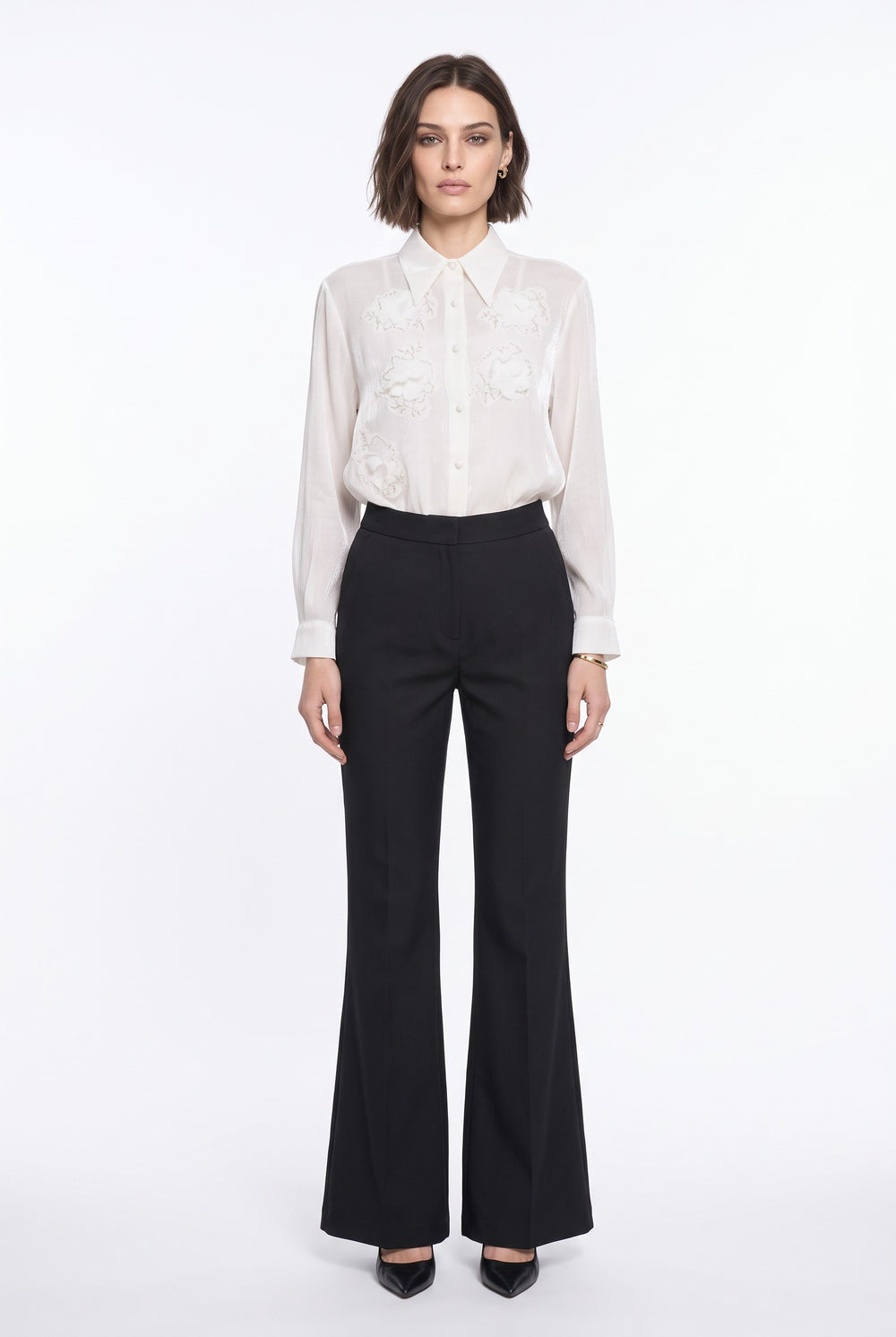 Classic Collar Embossed Floral and Embroidery Detailed Shirt Beige