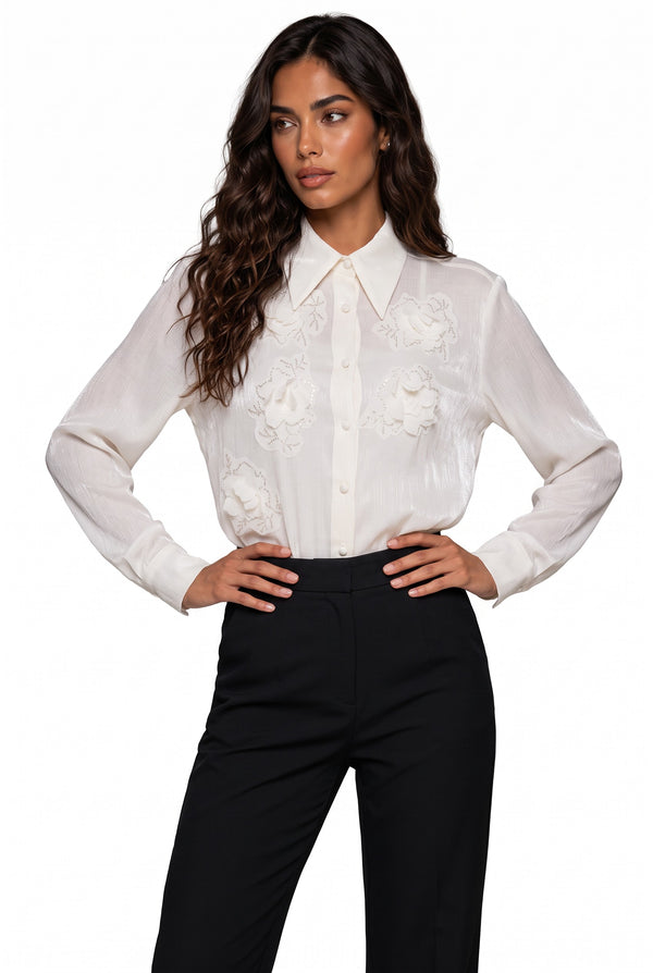 Classic Collar Embossed Floral and Embroidery Detailed Shirt Beige