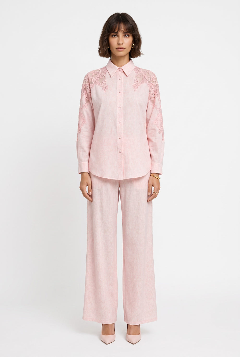 Textured Shirt & Trousers Set Pink