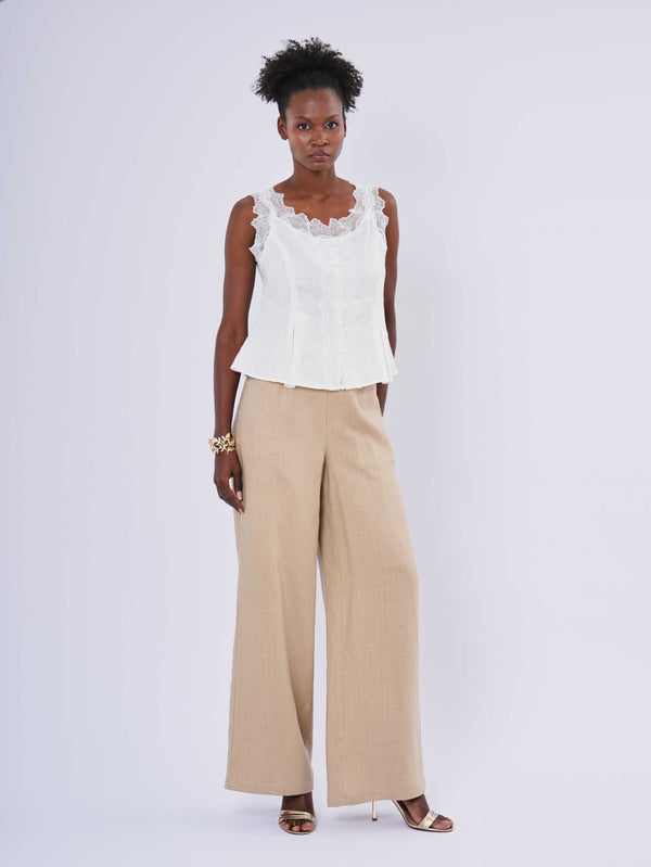 Önden Düğmeli Dantel Kolsuz Bluz Beyaz