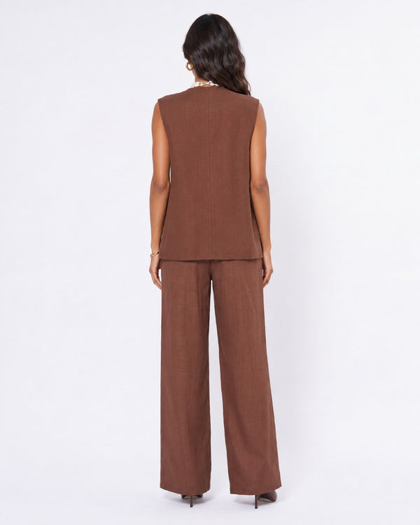 Embroidered Sleeveless Vest & Pants Set Brown