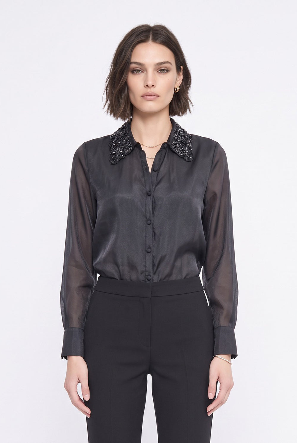 Stone Embellished Collar Detail Shirt Black