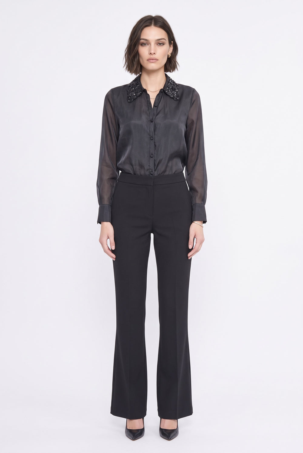 Stone Embellished Collar Detail Shirt Black