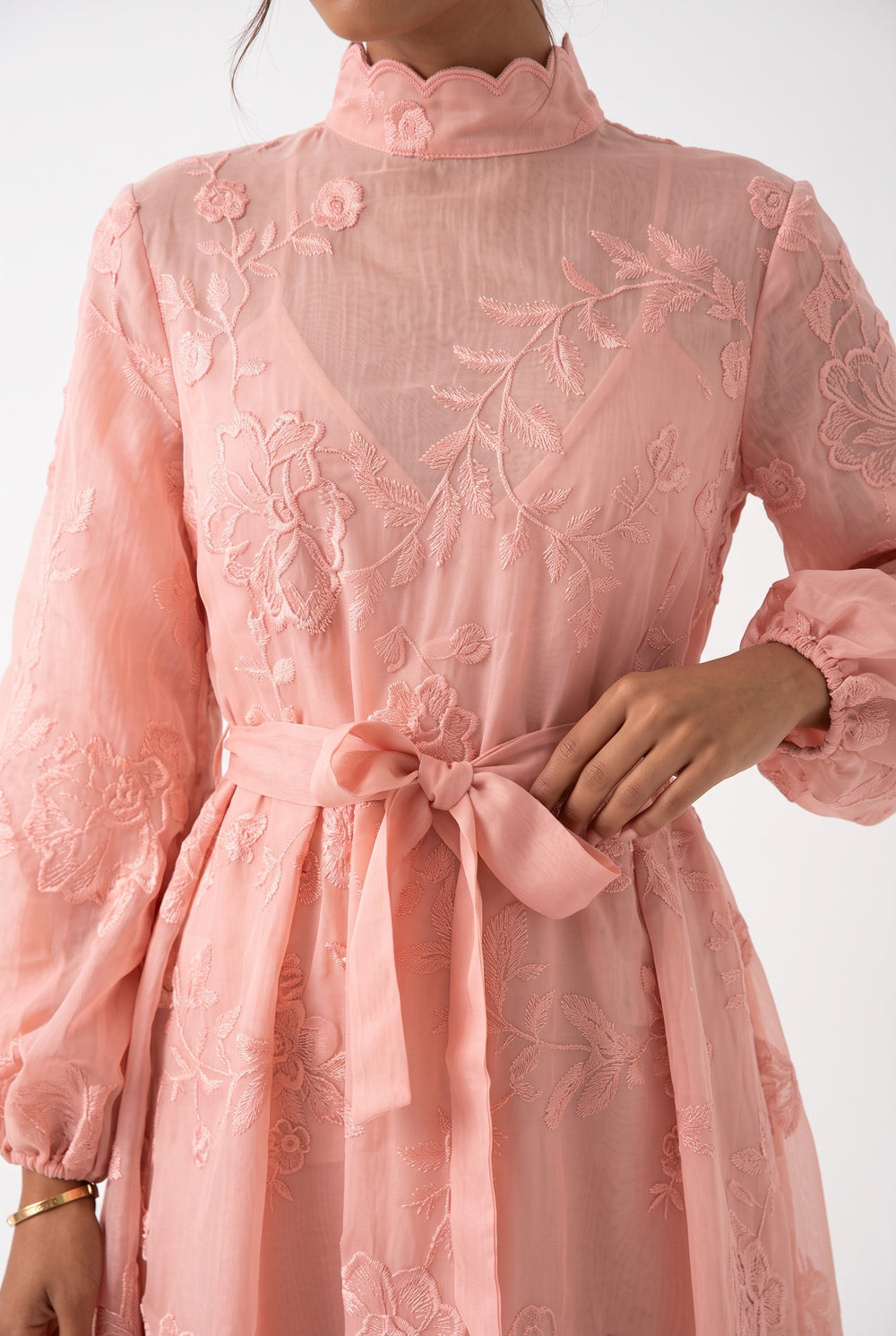 Half Turtleneck Lace Embroidered Midi Dress Powder