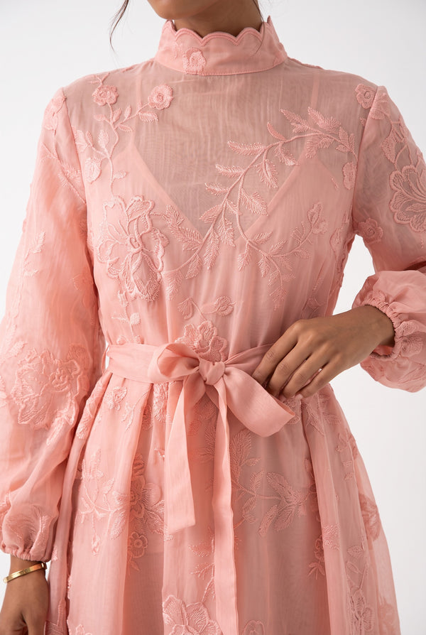 Half Turtleneck Lace Embroidered Midi Dress Powder