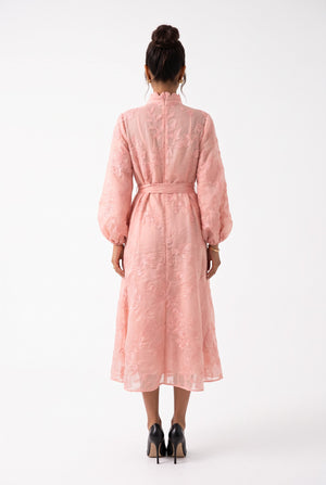 Half Turtleneck Lace Embroidered Midi Dress Powder
