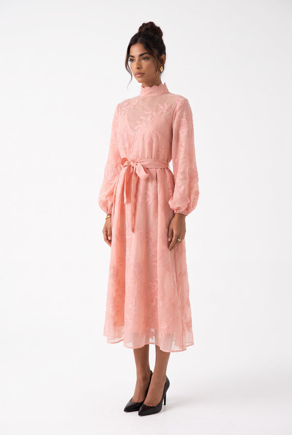 Half Turtleneck Lace Embroidered Midi Dress Powder
