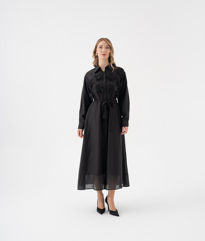 3D Floral Appliqué Belted Shirt Dress