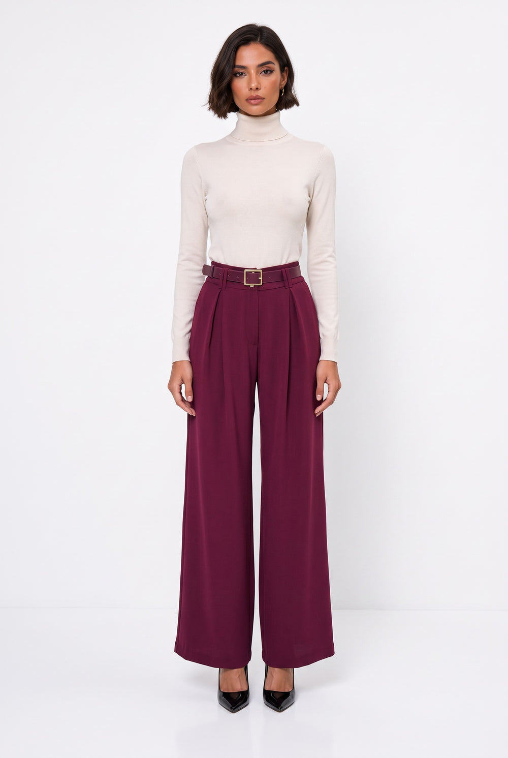 Belted Pleated Wide-Leg Trousers Burgundy