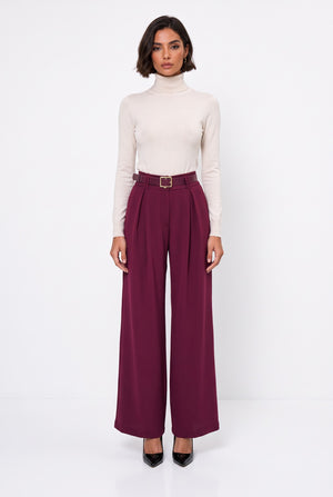 Belted Pleated Wide-Leg Trousers Burgundy