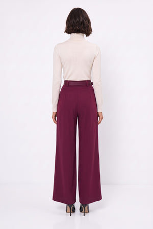 Belted Pleated Wide-Leg Trousers Burgundy
