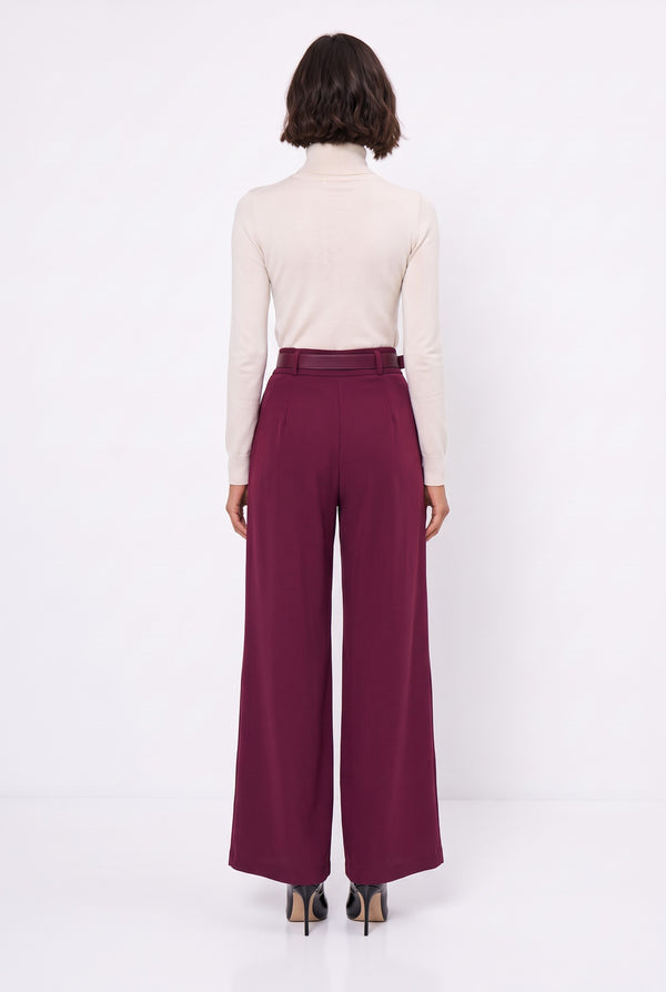 Belted Pleated Wide-Leg Trousers Burgundy