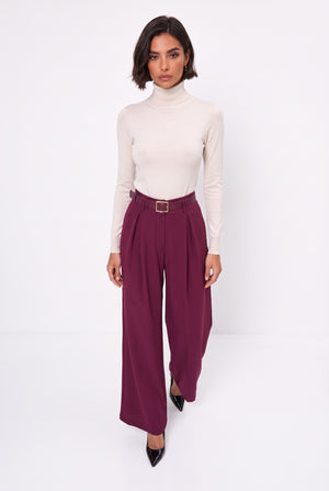 Belted Pleated Wide-Leg Trousers Burgundy