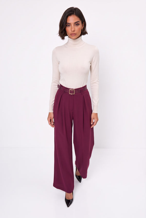 Belted Pleated Wide-Leg Trousers Burgundy