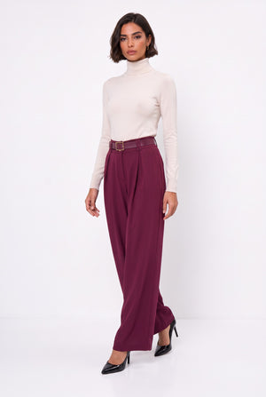 Belted Pleated Wide-Leg Trousers Burgundy