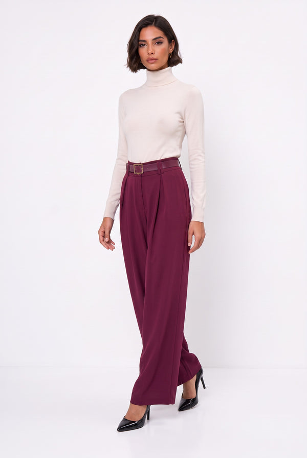 Belted Pleated Wide-Leg Trousers Burgundy