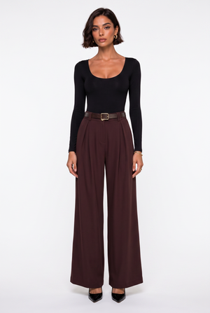 Belted Pleated Wide-Leg Trousers Brown