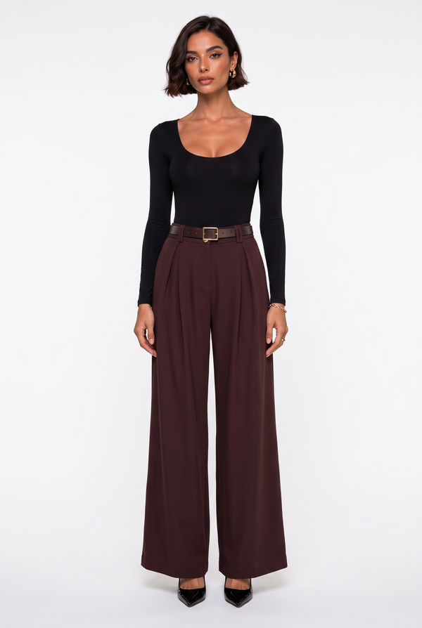Belted Pleated Wide-Leg Trousers Brown