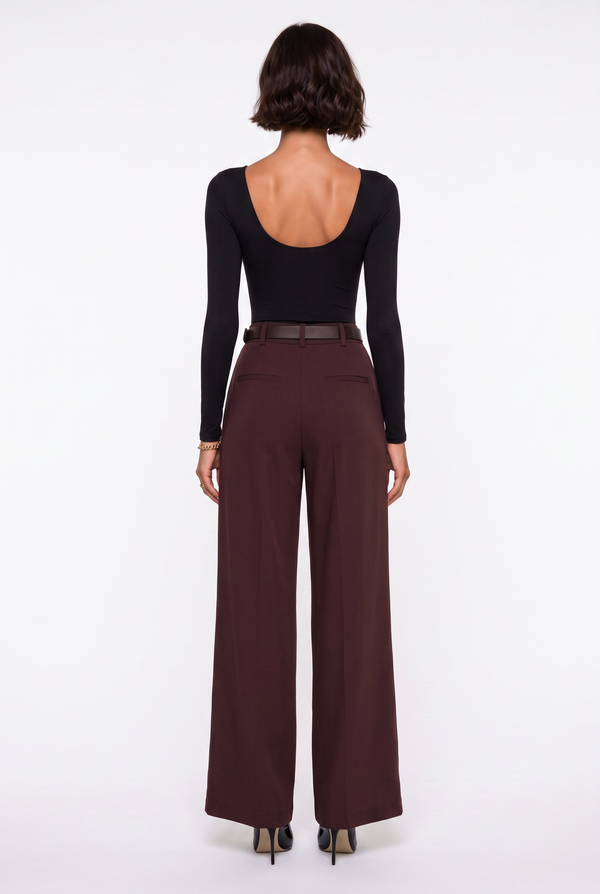 Belted Pleated Wide-Leg Trousers Brown