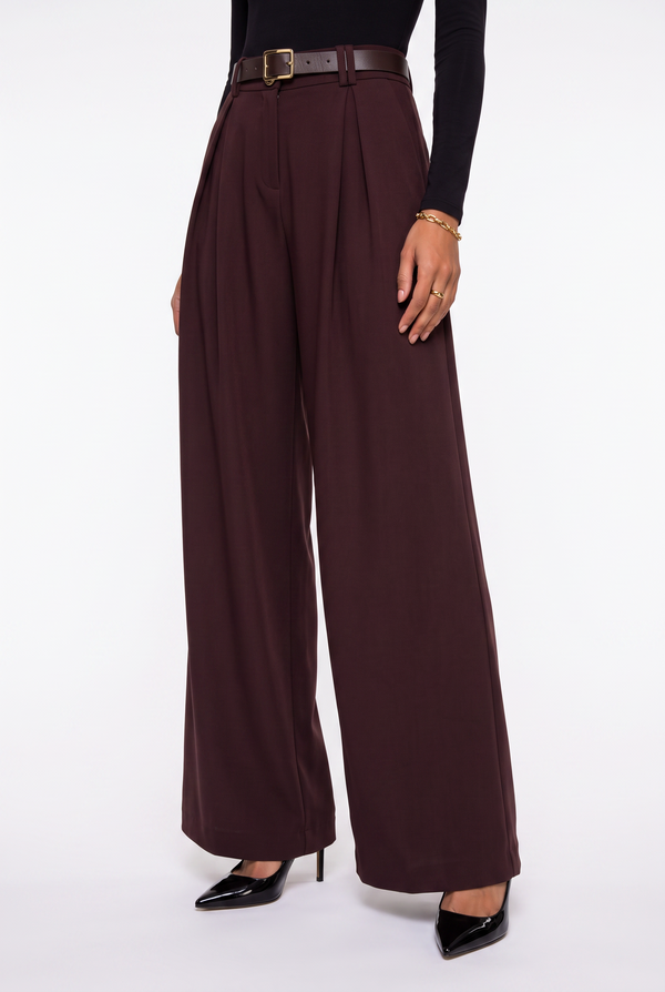 Belted Pleated Wide-Leg Trousers Brown