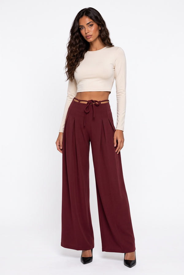 Belted High-Waist Wide-Leg Trousers Burgundy